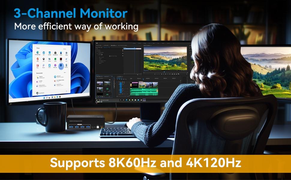 NÖRDIC HDMI 2.1 KVM-switch 2 computere 3 skærme 8K60Hz 4K144Hz Triple skærm 4 USB 3.0 til 2 PC deler 3 skærme