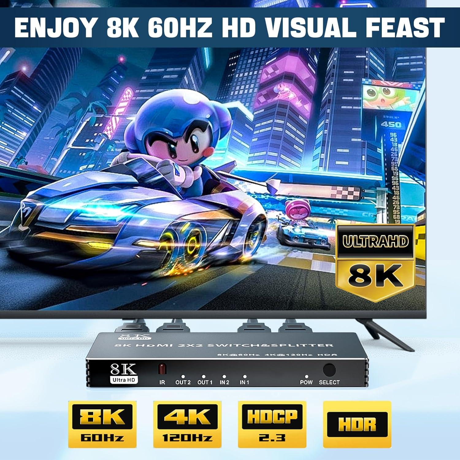 NÖRDIC HDMI 2.1 Switch & Splitter 2x2 8K60Hz 4K120Hz HDR HDCP2.3