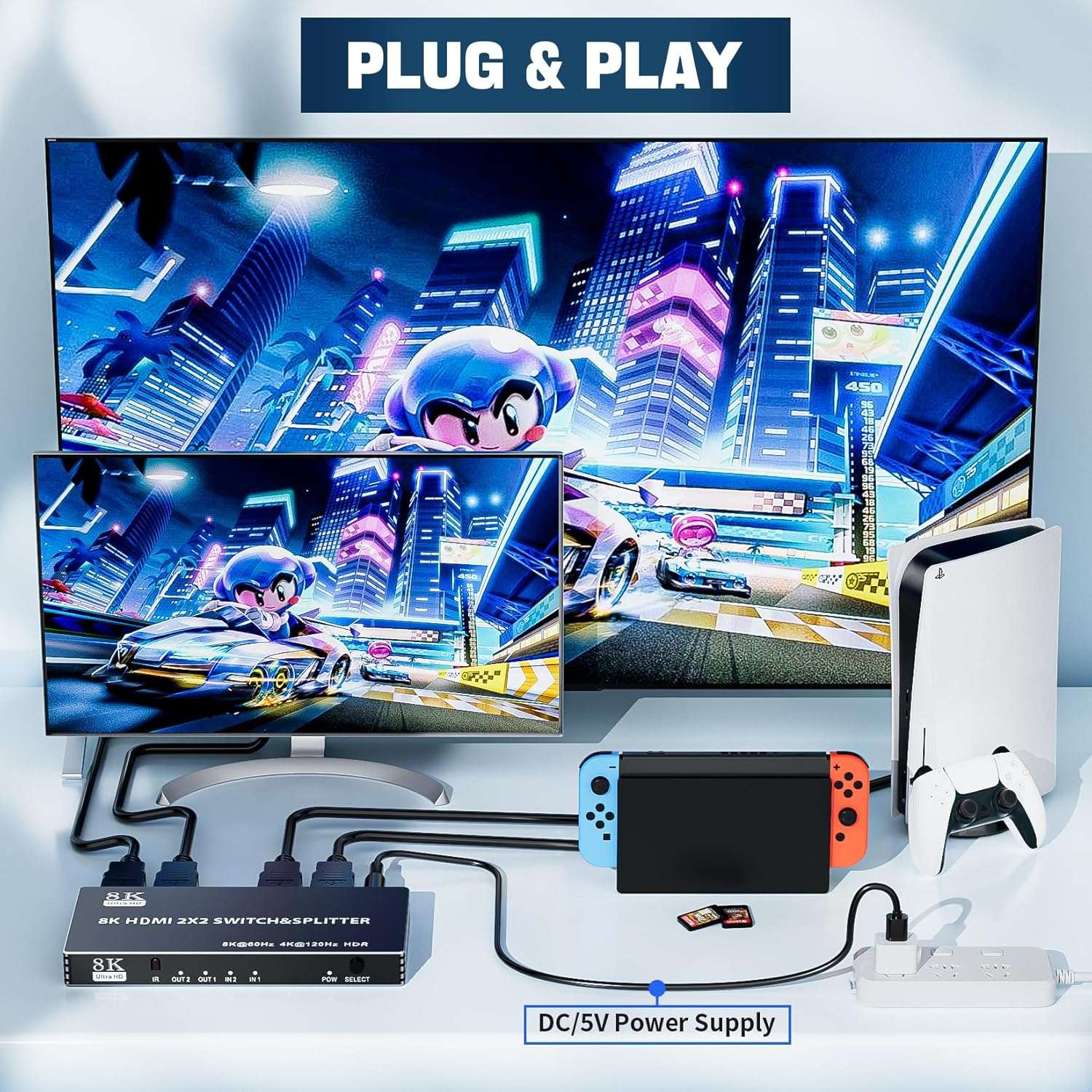 NÖRDIC HDMI 2.1 Switch & Splitter 2x2 8K60Hz 4K120Hz HDR HDCP2.3