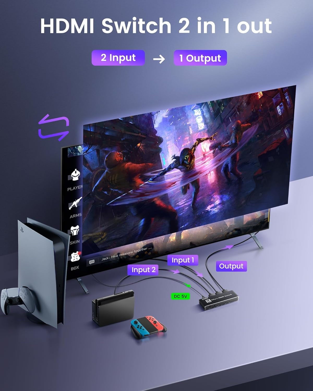 NÖRDIC HDMI 2 til 1 switch 8K60Hz 4K@120Hz med fjernbetjening, aluminium