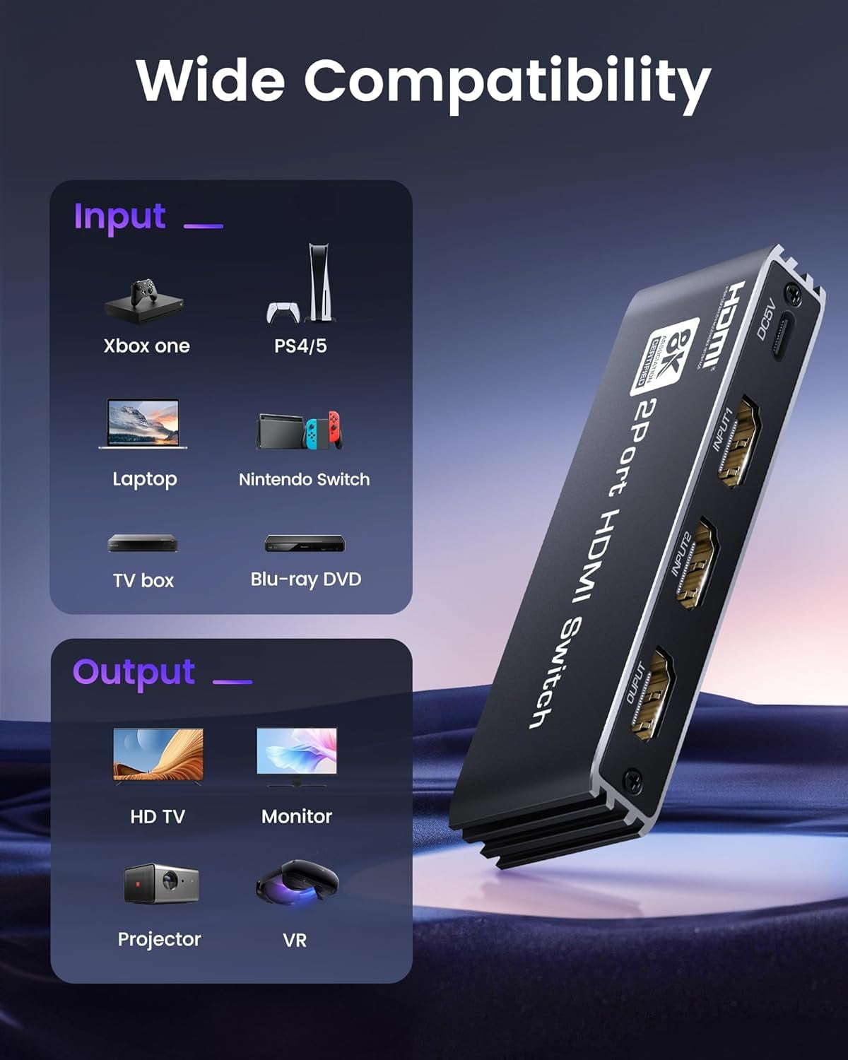 NÖRDIC HDMI 2 til 1 switch 8K60Hz 4K@120Hz med fjernbetjening, aluminium