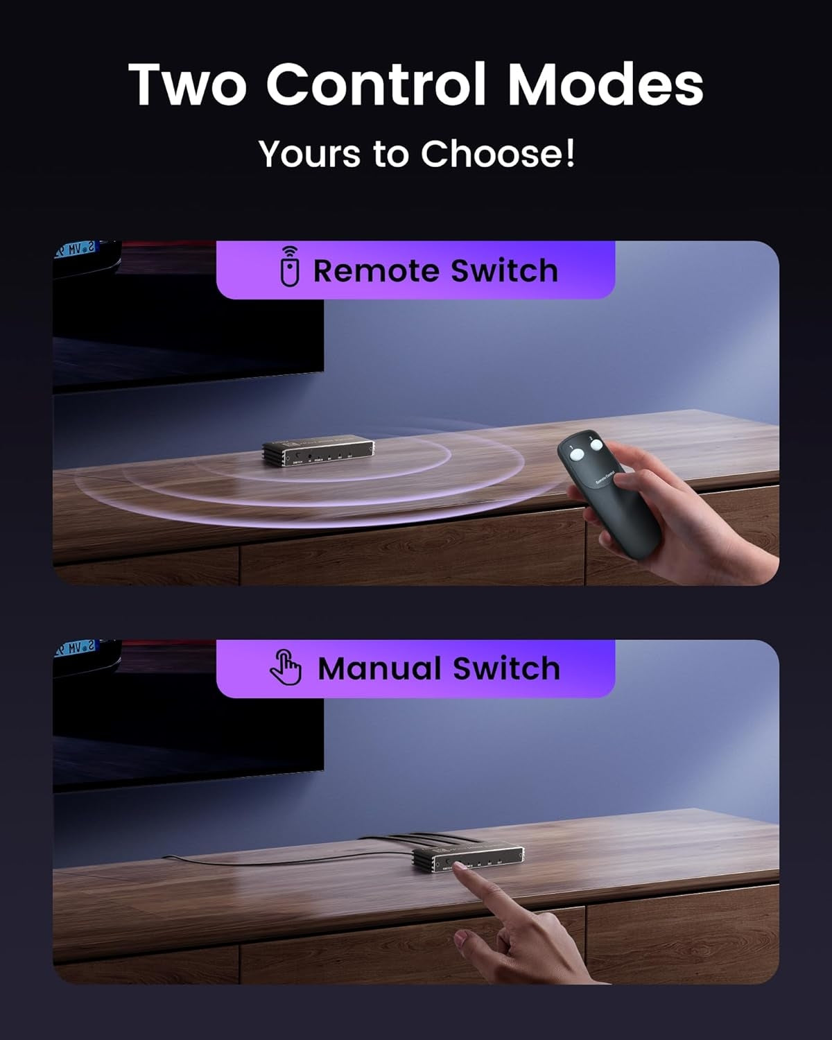 NÖRDIC HDMI 2 til 1 switch 8K60Hz 4K@120Hz med fjernbetjening, aluminium