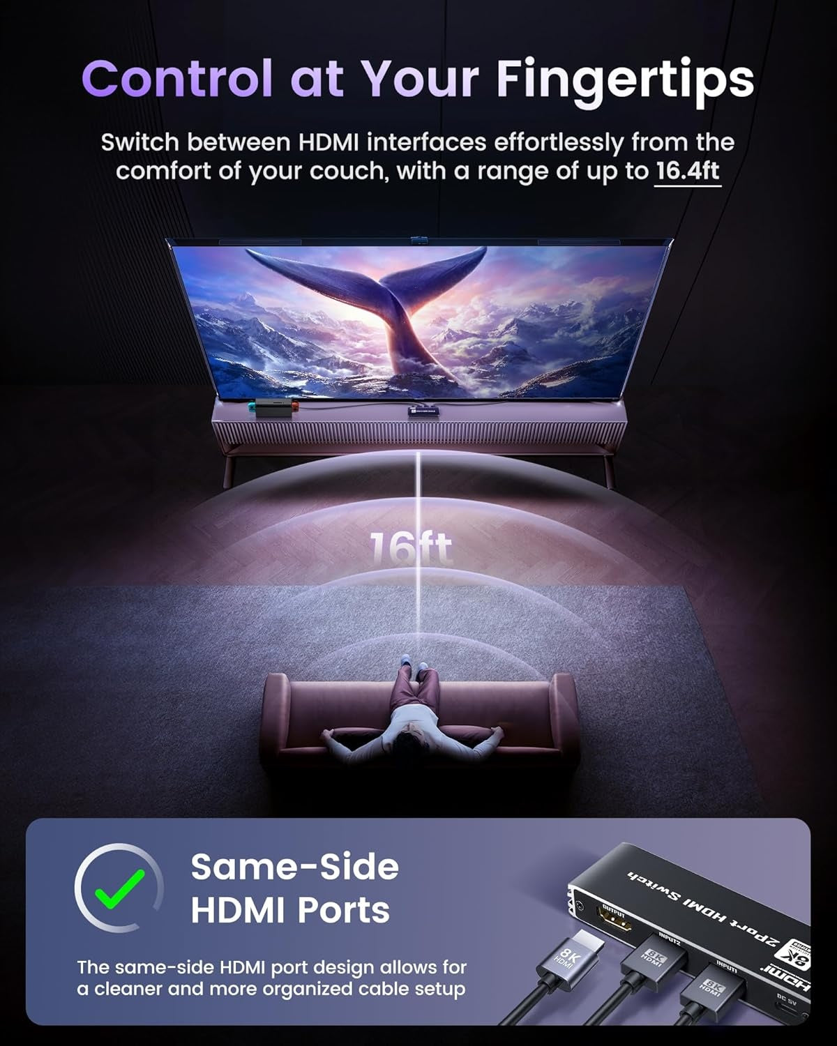 NÖRDIC HDMI 2 til 1 switch 8K60Hz 4K@120Hz med fjernbetjening, aluminium