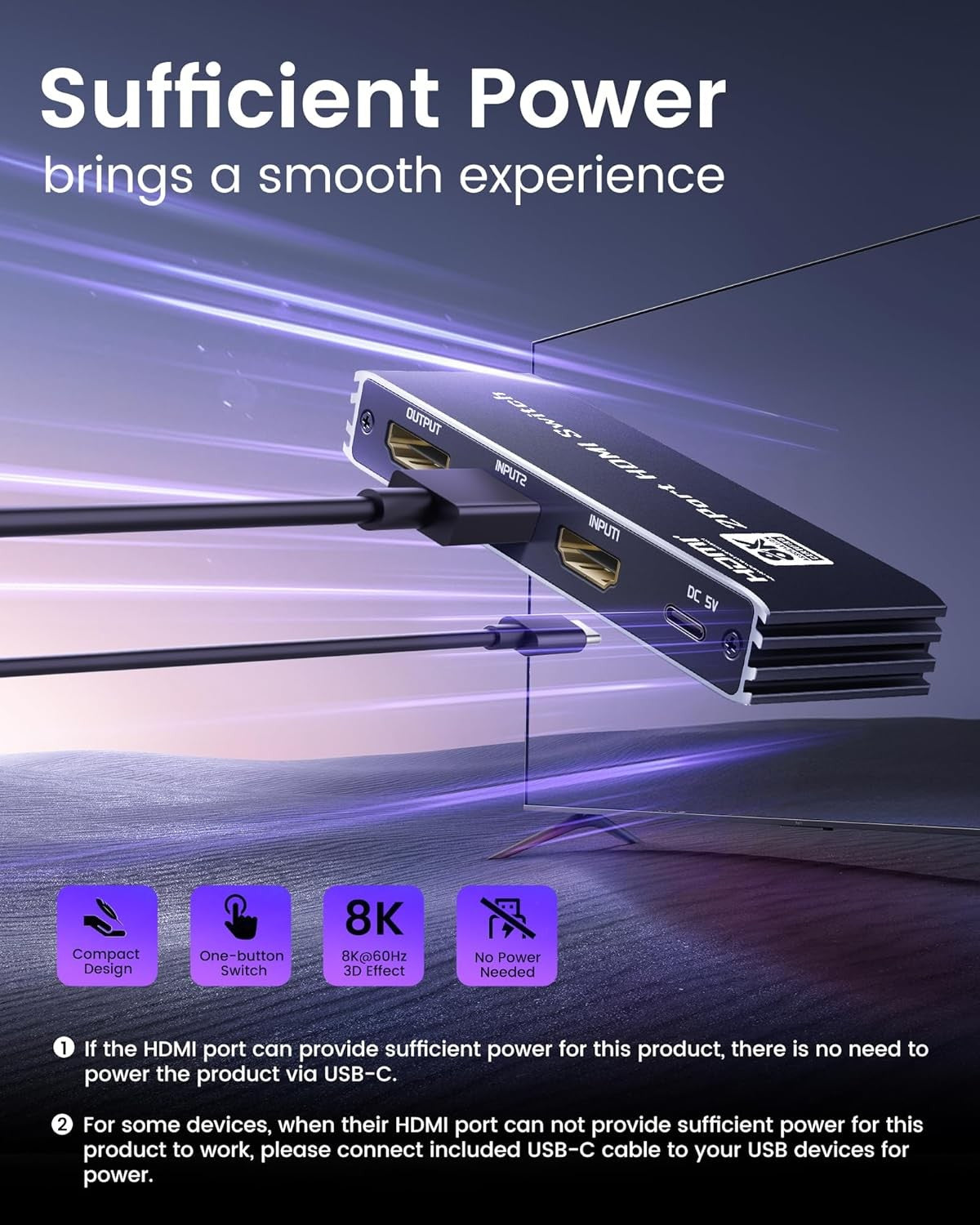 NÖRDIC HDMI 2 til 1 switch 8K60Hz 4K@120Hz med fjernbetjening, aluminium