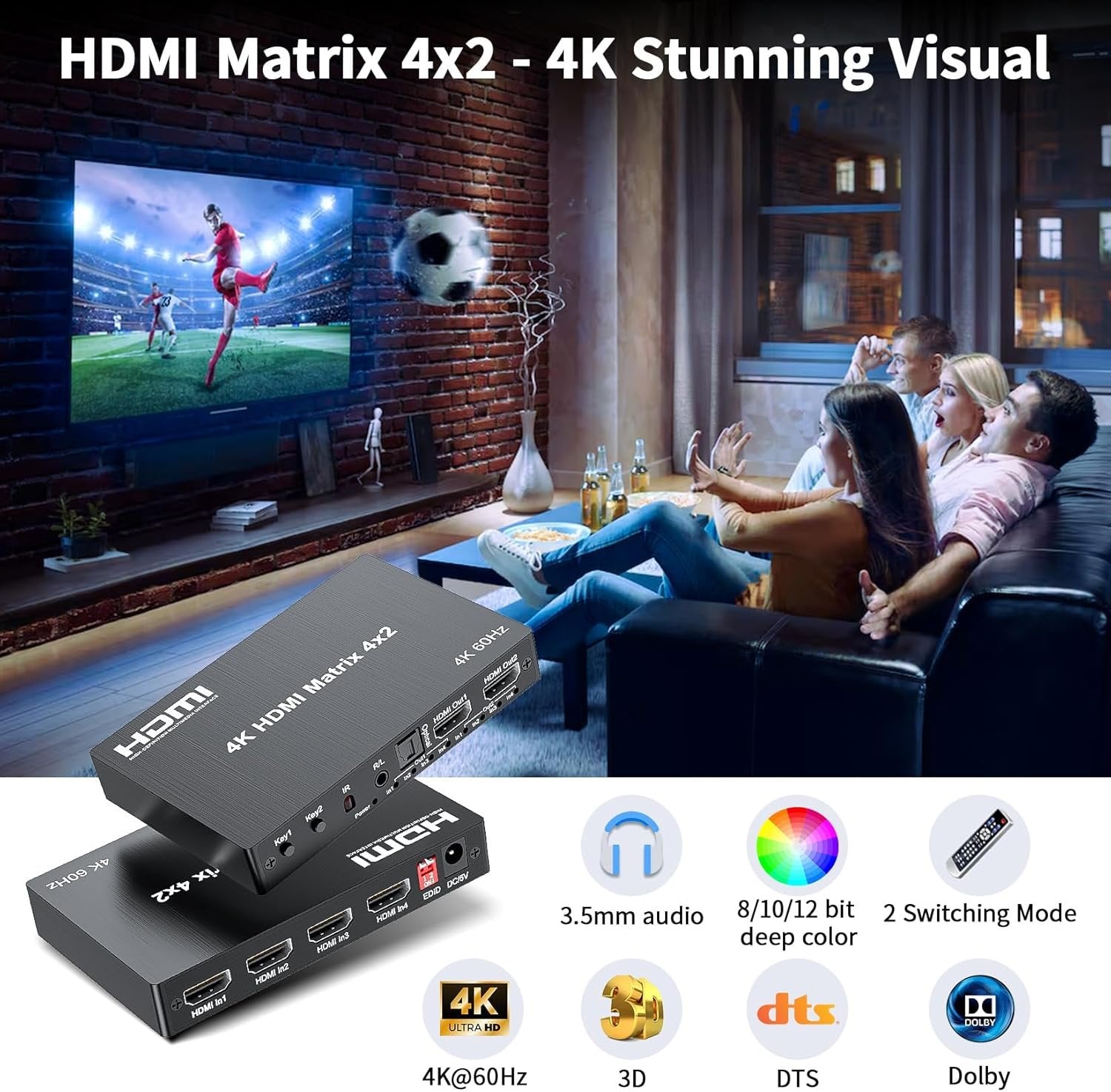 NÖRDIC HDMI 4K 60Hz Matrix-switch 4x2 3D Video Toslink Stereo EDID