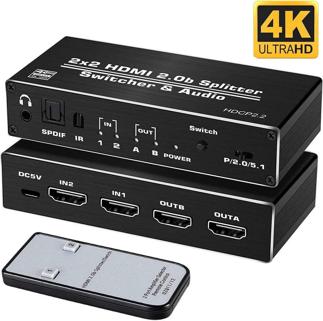 NÖRDIC HDMI 4K 60Hz Splitter 2x2 with Audio SPDIF and Stereo with remote control