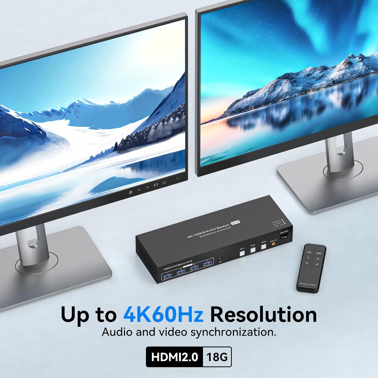 NÖRDIC HDMI KVM-switch 3 computere 2 skærme 4K60Hz EDID 4 USB 3.0 porte med fjernbetjening