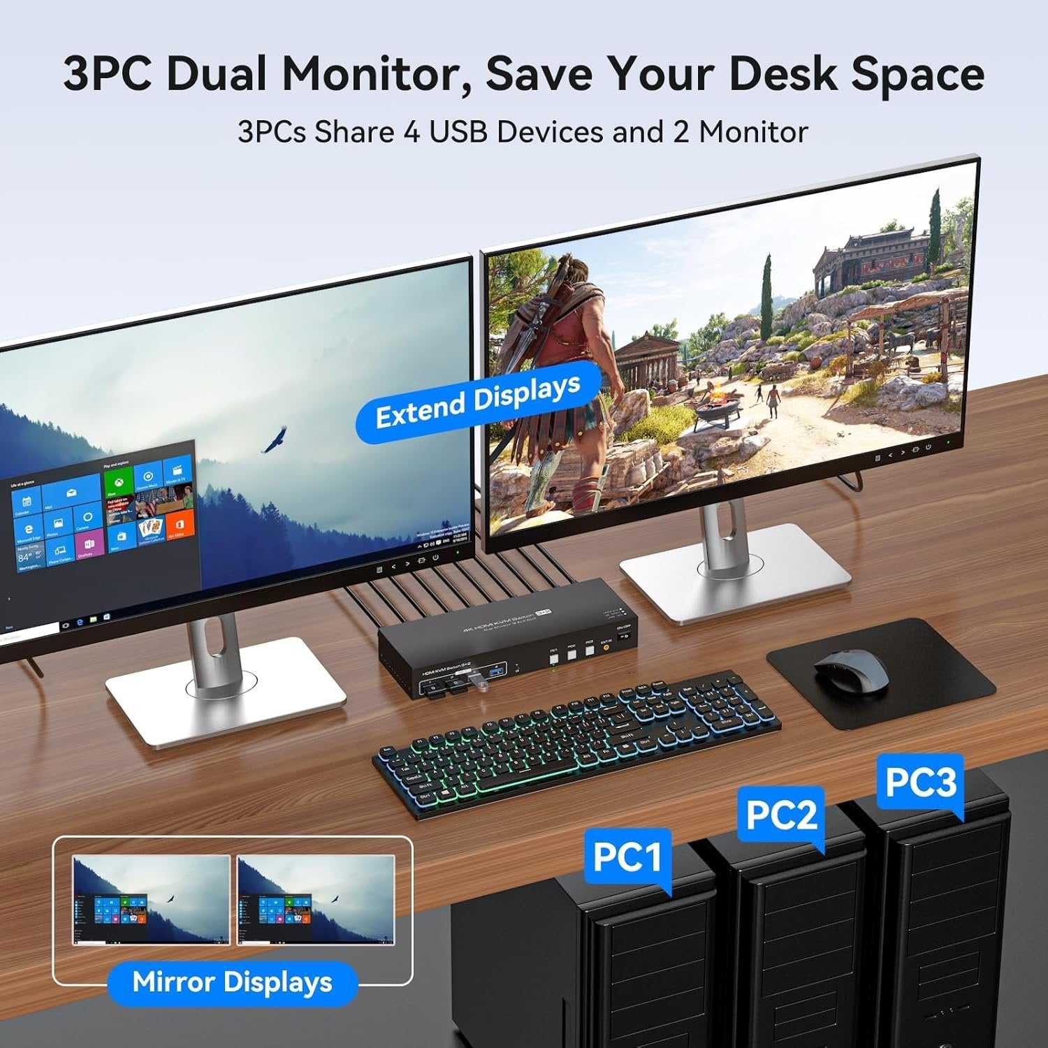 NÖRDIC HDMI KVM-switch 3 computere 2 skærme 4K60Hz EDID 4 USB 3.0 porte med fjernbetjening