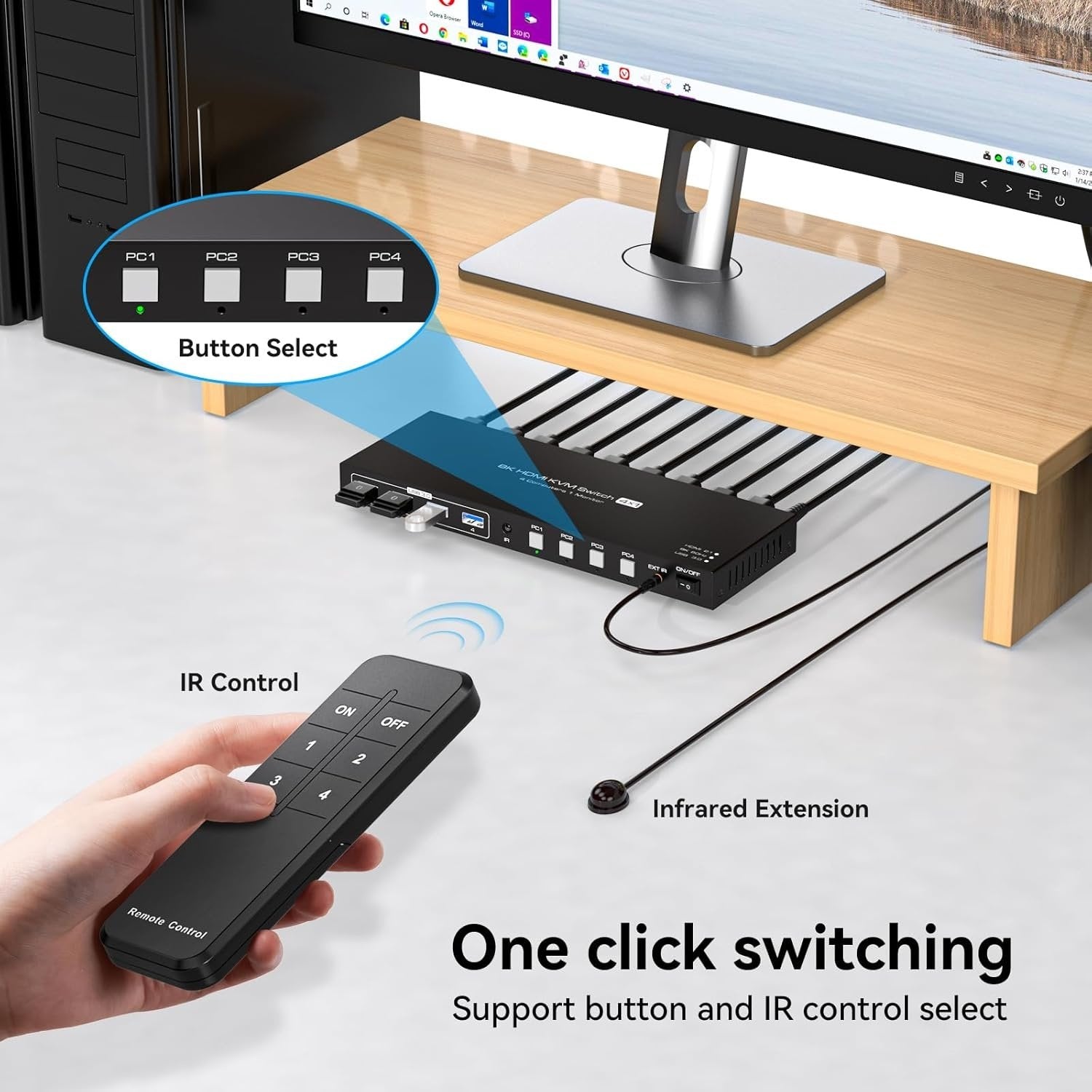 NÖRDIC HDMI KVM-switch 4 computere 1 skærm 8K 60Hz 4K 144/120Hz 4xUSB-enheder