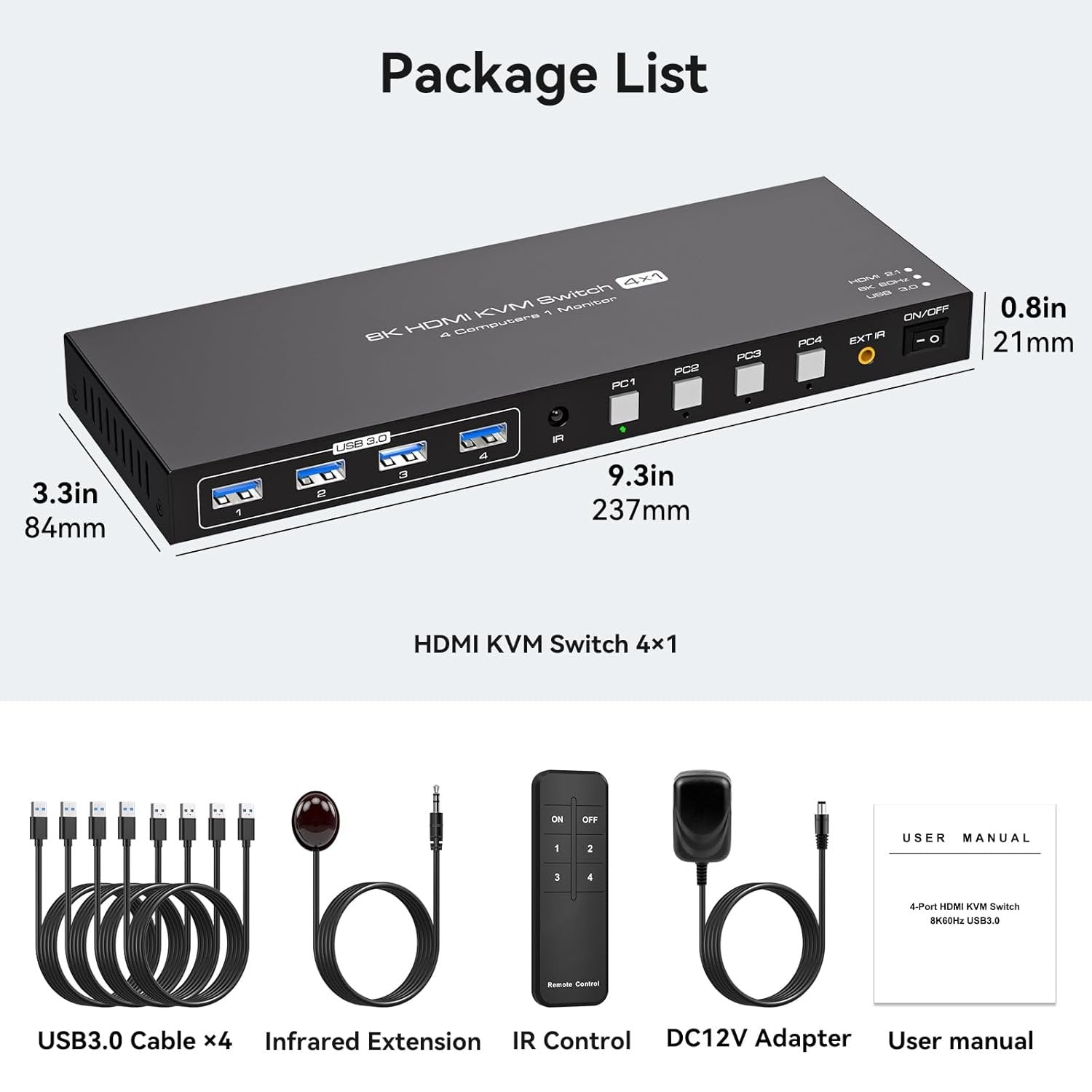 NÖRDIC HDMI KVM-switch 4 computere 1 skærm 8K 60Hz 4K 144/120Hz 4xUSB-enheder
