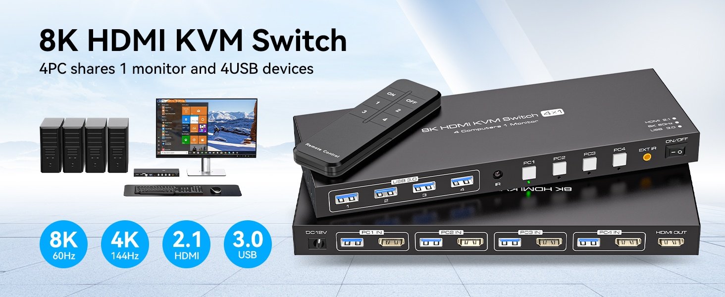 NÖRDIC HDMI KVM-switch 4 computere 1 skærm 8K 60Hz 4K 144/120Hz 4xUSB-enheder