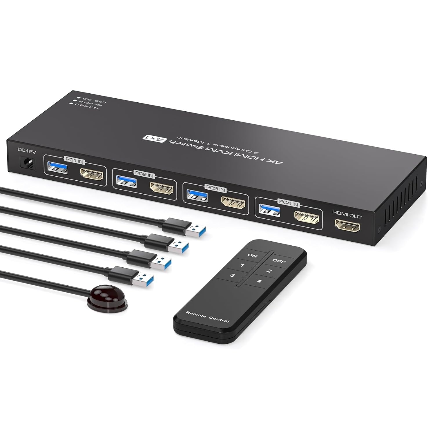 NÖRDIC HDMI KVM Switch 4 Computers EDID 4K60Hz 4xUSB3.0 4 PC Sharing 1 Monitor and 4 USB 3.0 Devices with Controller