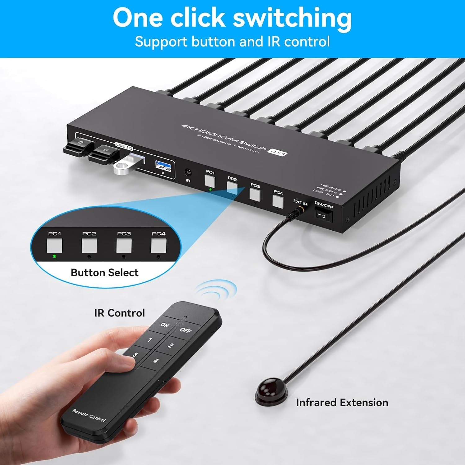 NÖRDIC HDMI KVM Switch 4 Computers EDID 4K60Hz 4xUSB3.0 4 PC Sharing 1 Monitor and 4 USB 3.0 Devices with Controller