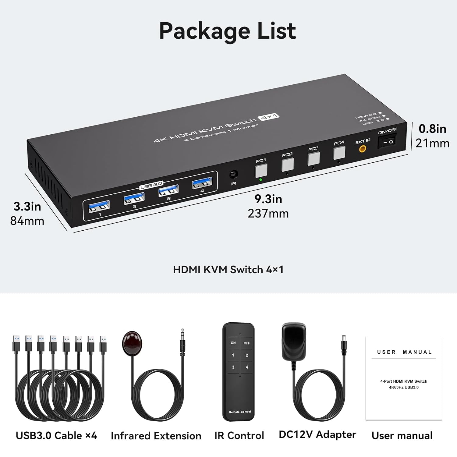 NÖRDIC HDMI KVM-switch 4 computere 1 skærm 4K 60Hz 1080p 120Hz 4xUSB-enheder