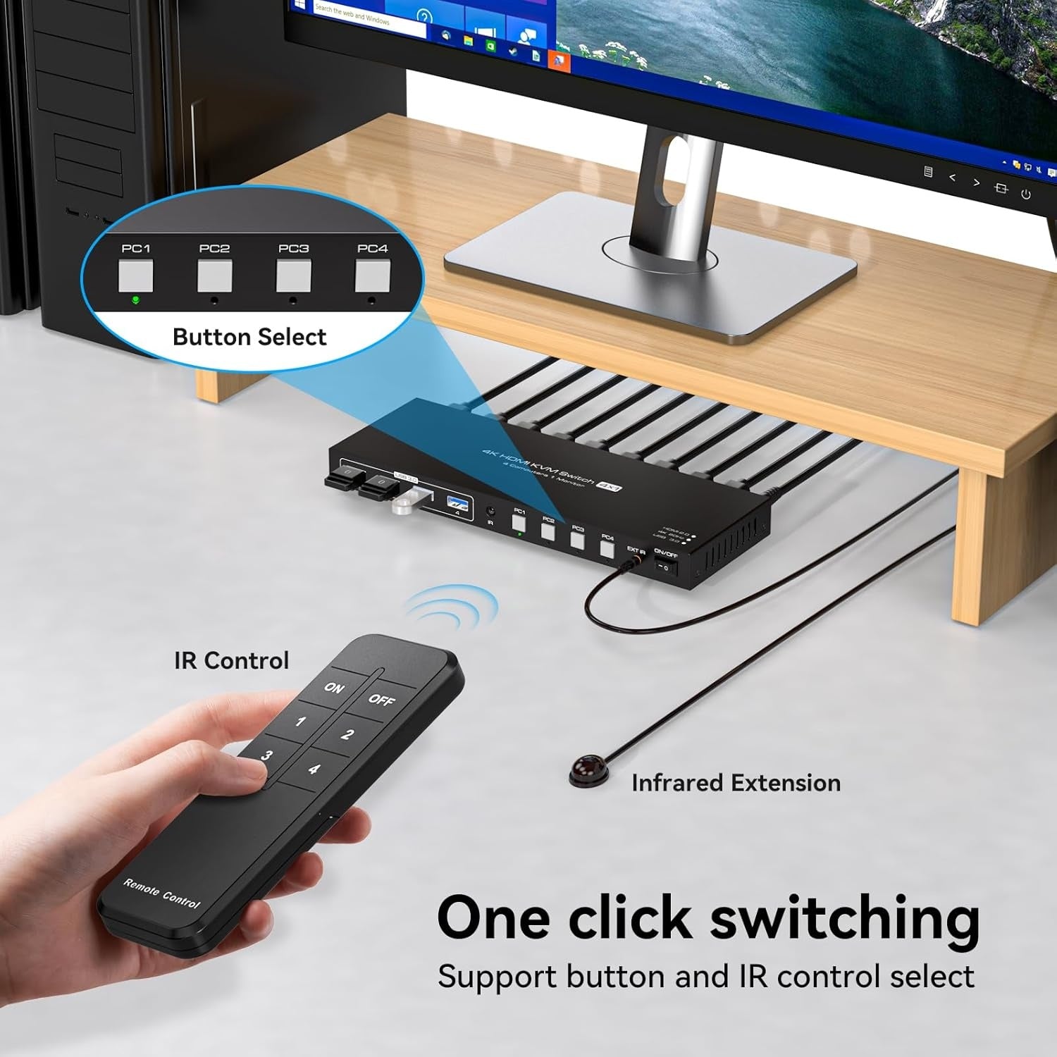 NÖRDIC HDMI KVM-switch 4 computere 1 skærm 4K 60Hz 1080p 120Hz 4xUSB-enheder