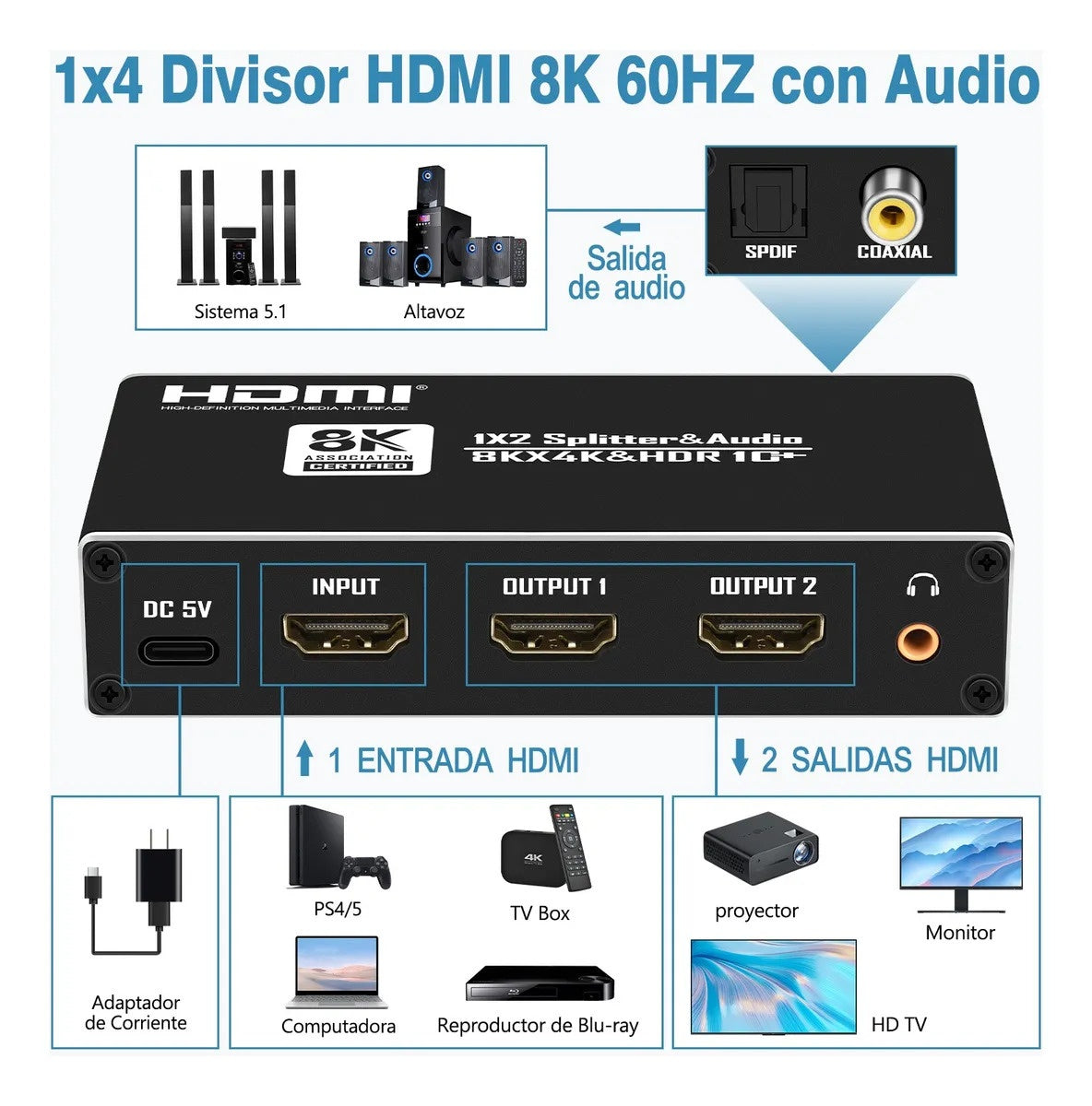 NÖRDIC HDMI Splitter 8k60hZ 1 to 2 with Audio Extractor SPDIF, Coaxial och stereo