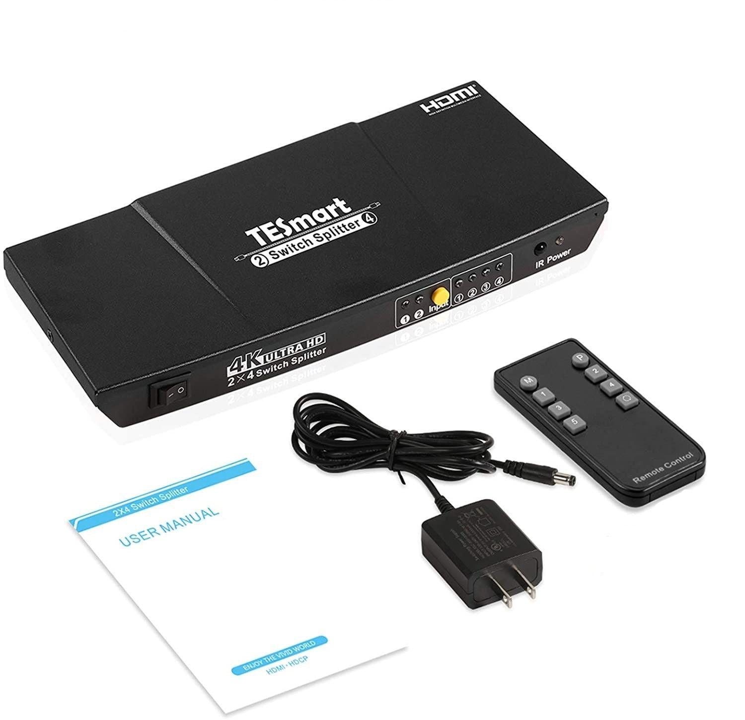 NÖRDIC HDMI Switch 2xPC til 4x skærme 4K30Hz UHD CEC 3D HDCP1.4 til pc, PS5, Xbox og bærbar computer