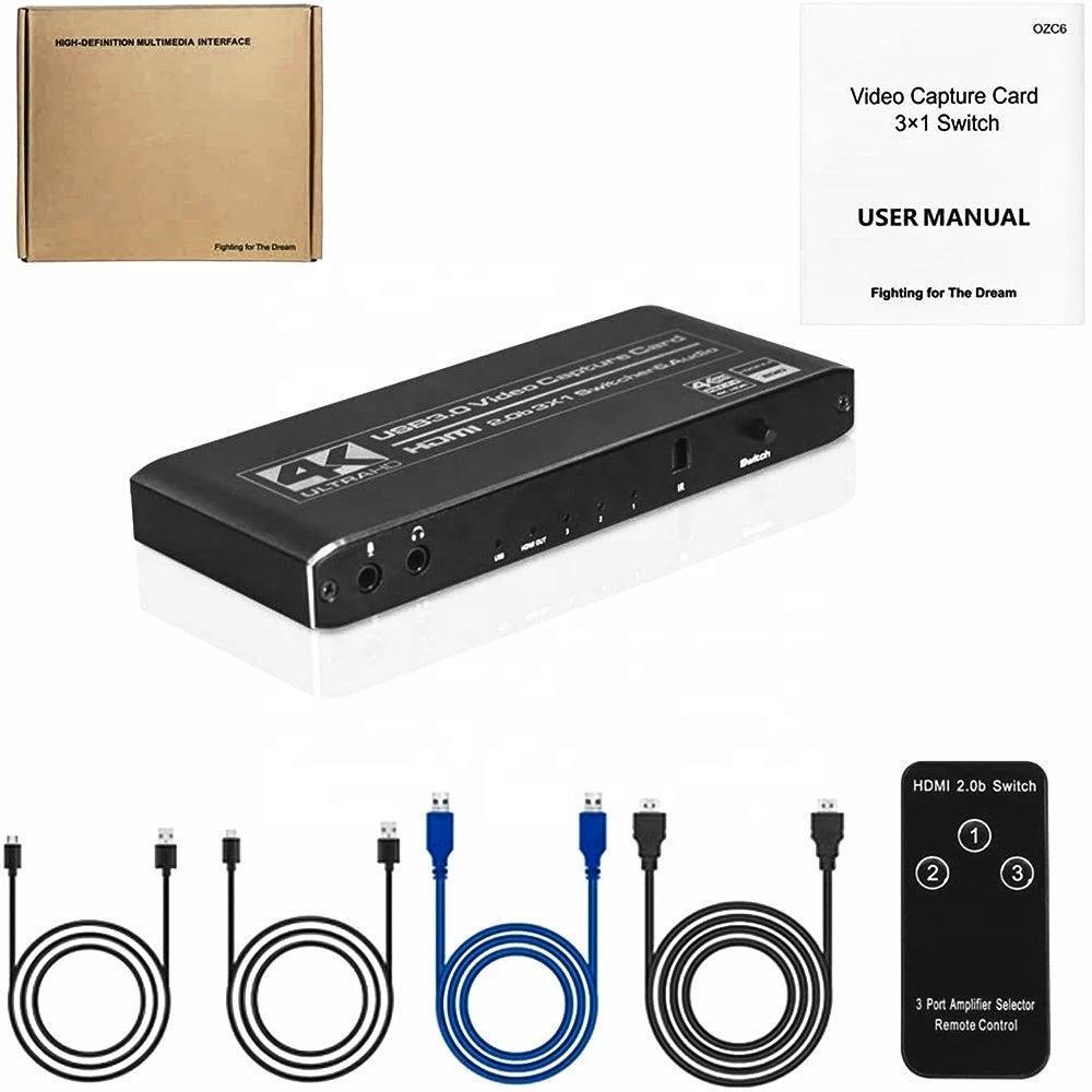 NÖRDIC HDMI Switch 3 til 1 med Video Capture Card HDMI2.0 4K60Hz USB3.1 Mikrofon og lydudgang HDMI Signal Loop Out HDR HDCP2.2 EDID RGB8: 8: 8