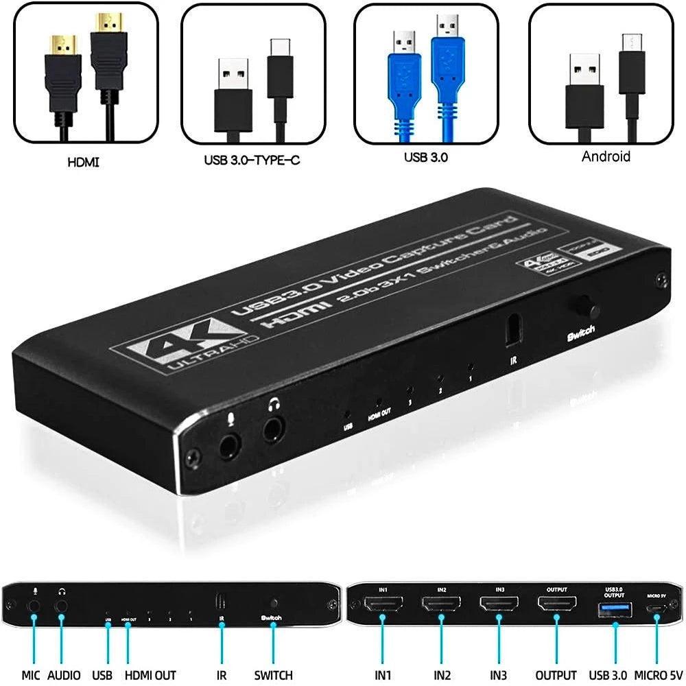 NÖRDIC HDMI Switch 3 til 1 med Video Capture Card HDMI2.0 4K60Hz USB3.1 Mikrofon og lydudgang HDMI Signal Loop Out HDR HDCP2.2 EDID RGB8: 8: 8