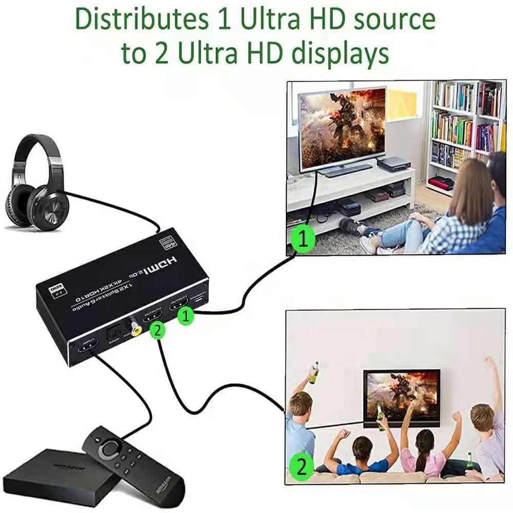 NÖRDIC HDMI splitter 1 til 2 med Audio Extractor 4K60Hz HDCP2.3 HDR10 Toslink SPDIF + Koaksial + 3,5 mm lyd