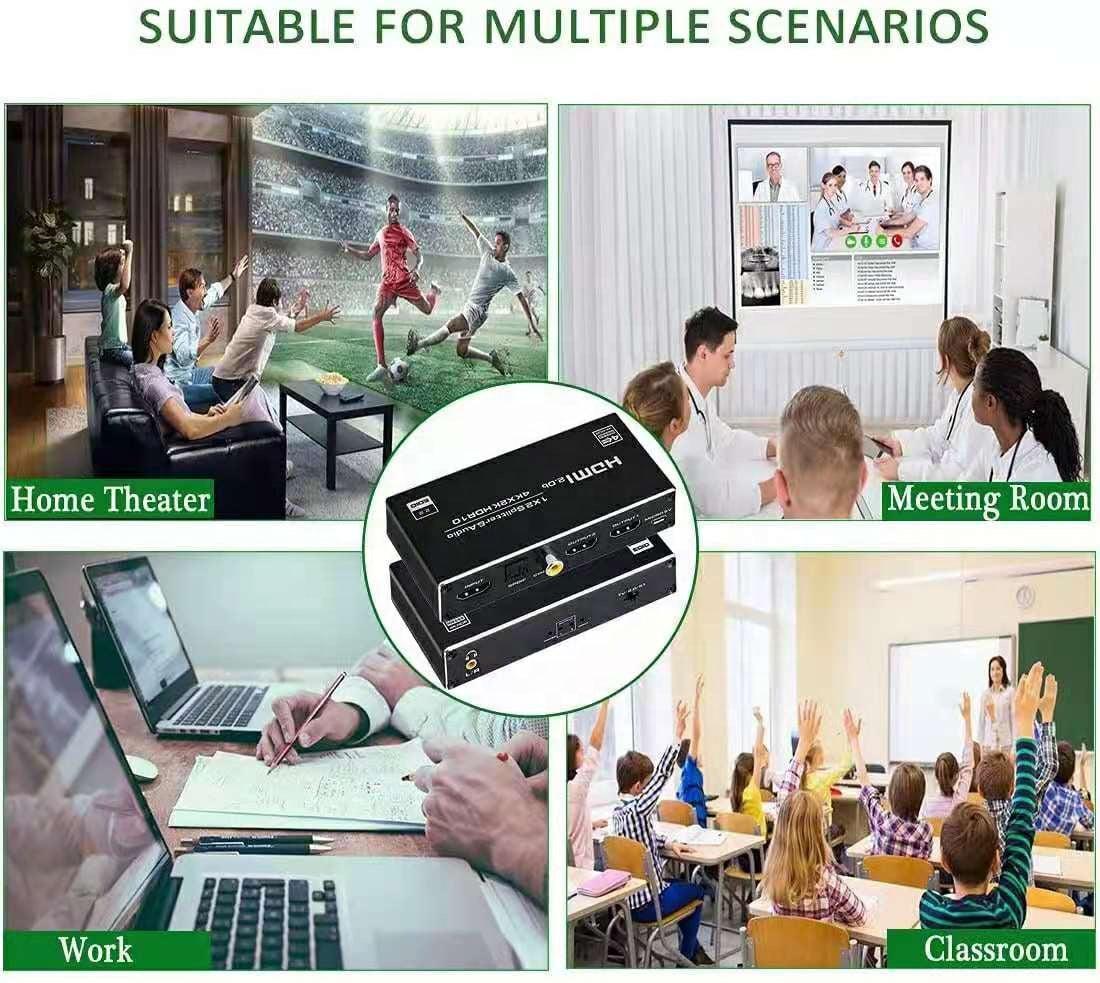 NÖRDIC HDMI splitter 1 til 2 med Audio Extractor 4K60Hz HDCP2.3 HDR10 Toslink SPDIF + Koaksial + 3,5 mm lyd