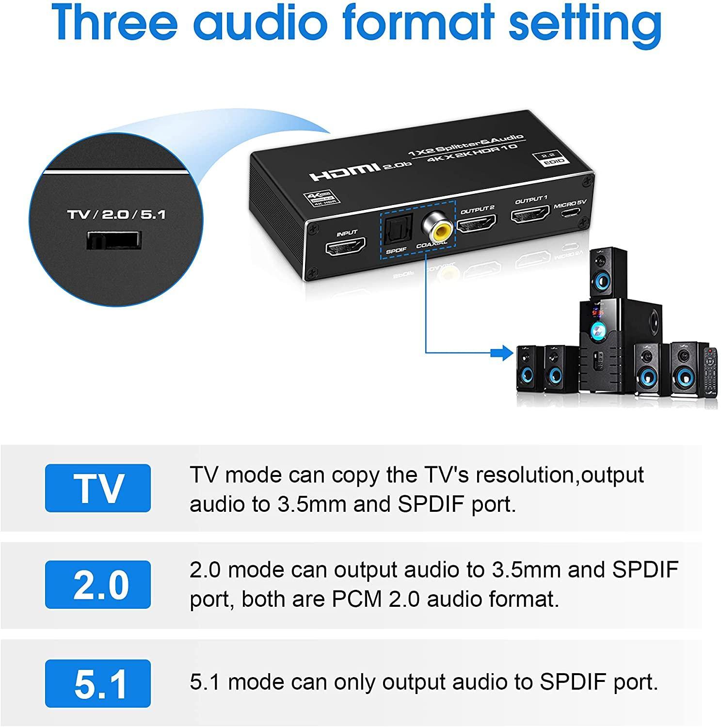 NÖRDIC HDMI splitter 1 til 2 med Audio Extractor 4K60Hz HDCP2.3 HDR10 Toslink SPDIF + Koaksial + 3,5 mm lyd