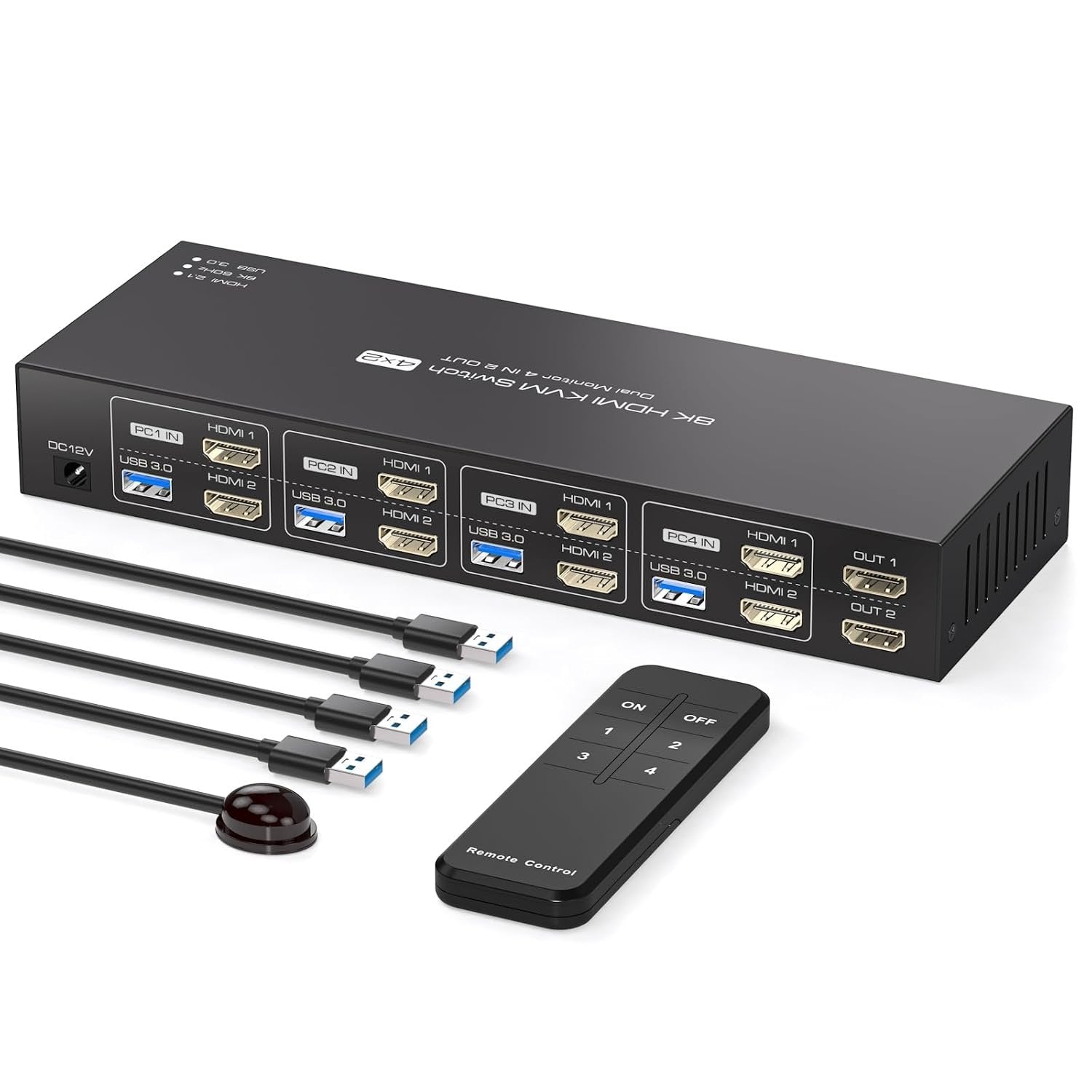 NÖRDIC KVM 4x2 HDMI 2.1 Switch 4PC til Dobbelt Skærm HDMI 8K60Hz med 1x3.5mm og 4xUSB-A