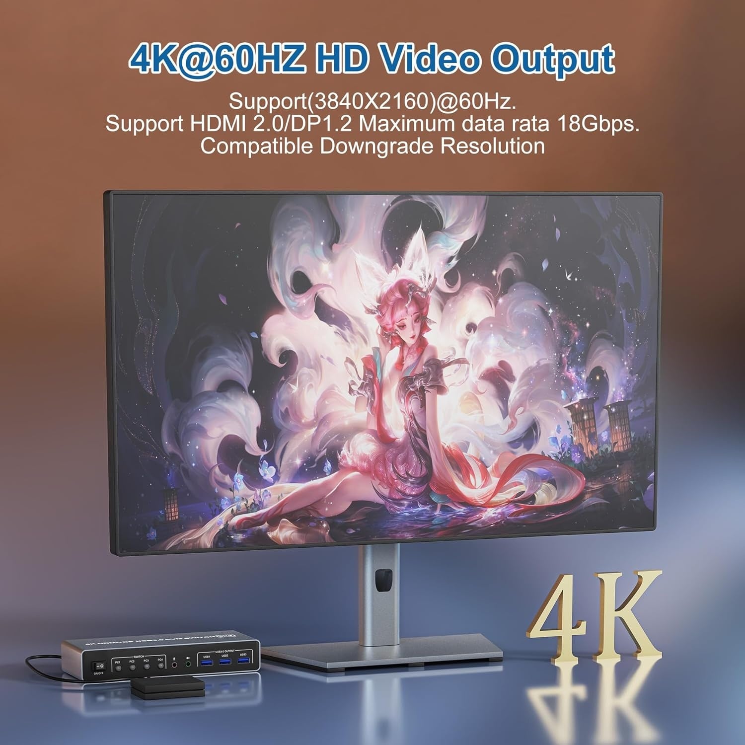 NÖRDIC KVM 4x2 Switch 4PC til Dual Monitor HDMI & DP 4K60Hz med 2x3.5mm og 3xUSB-A