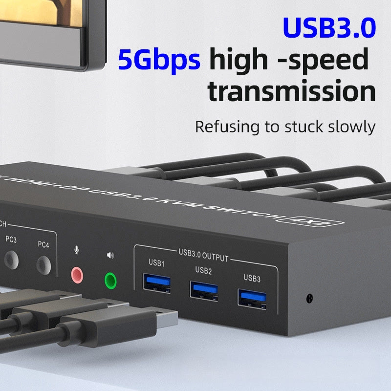 NÖRDIC KVM 4x2 Switch 4PC til Dual Monitor HDMI & DP 4K60Hz med 2x3.5mm og 3xUSB-A