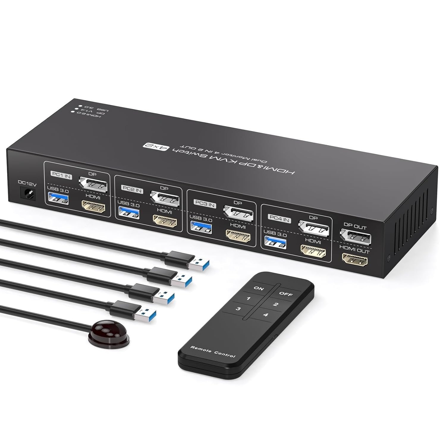 NÖRDIC KVM 4x2 Switch 4PC til Dobbelt Skærm HDMI & DP 8K60Hz med 1x3.5mm og 4xUSB-A
