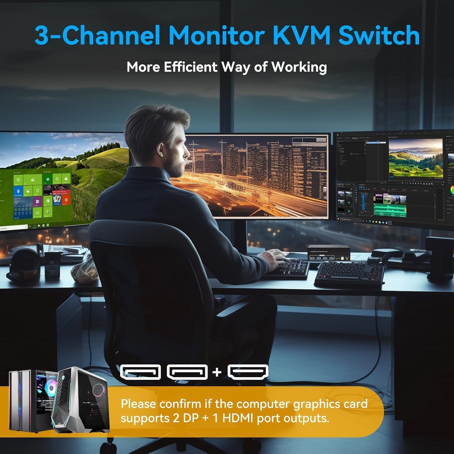 NÖRDIC KVM-switch 2 PC 3 skærme 8K60Hz 4K144Hz Triple skærm 2xDP 1xHDMI 4xUSB 3.0 porte