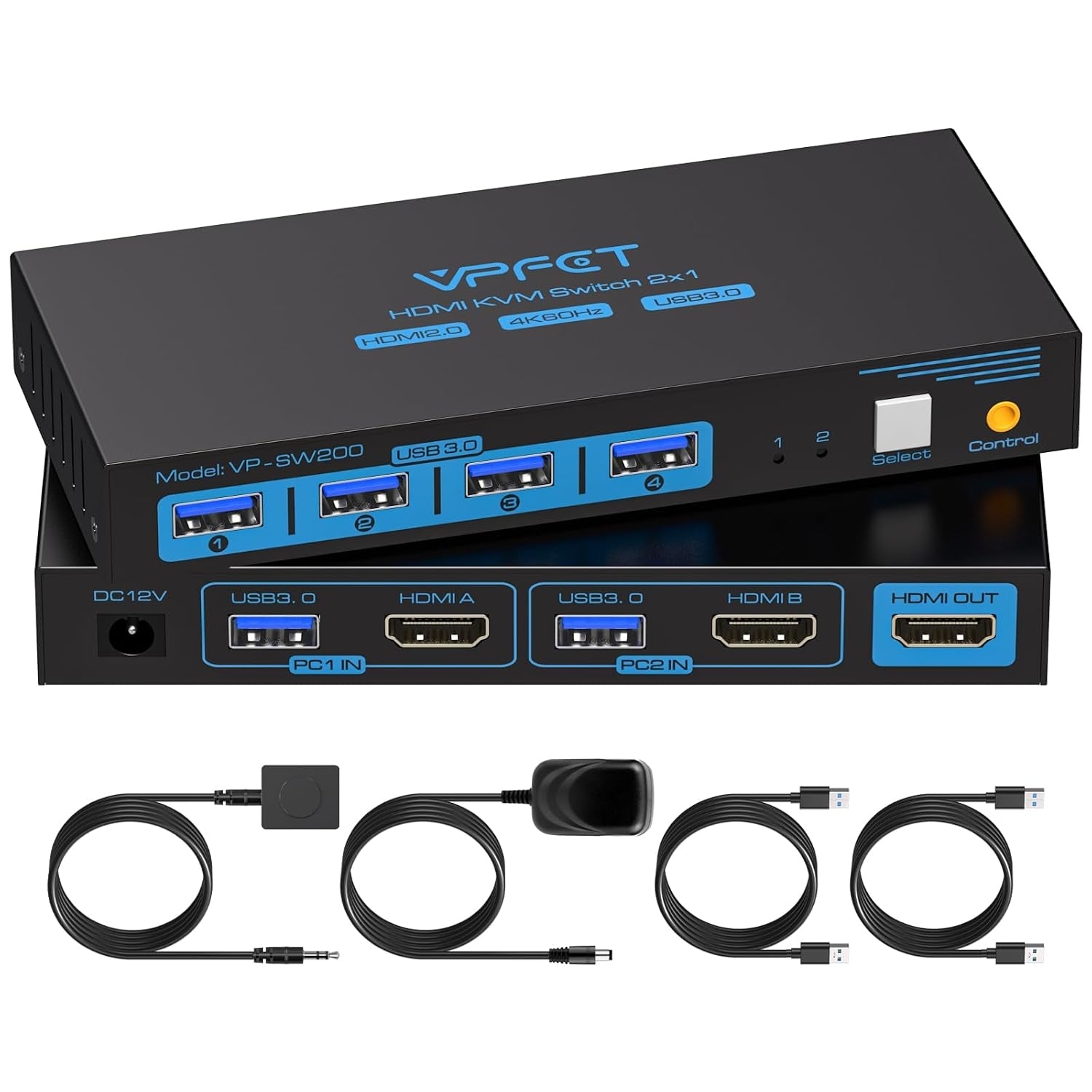 NÖRDIC KVM Switch 2 till 1 HDMI 2.0 4K60Hz för PC, Xbox, PS5 och bärbar med 4xUSB 3.0 portar