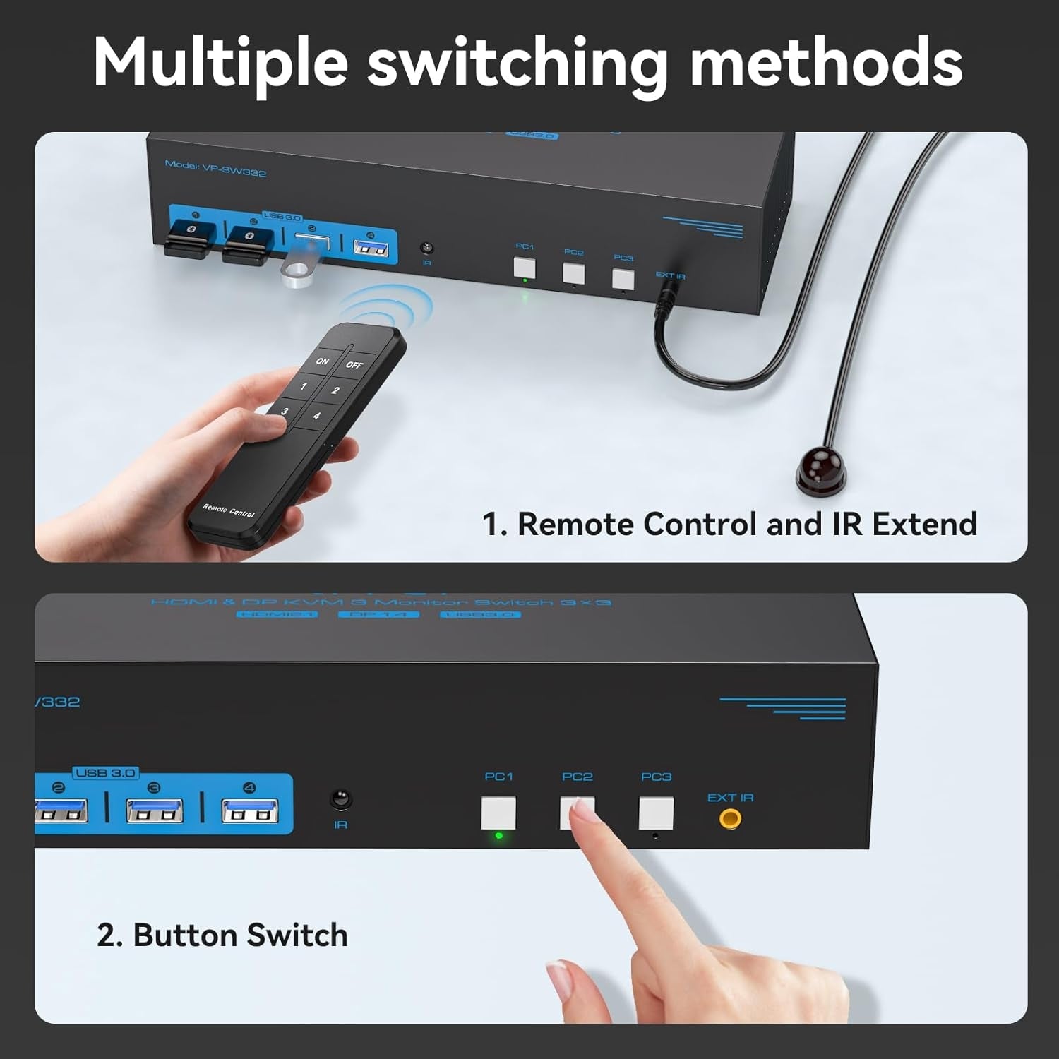 NÖRDIC KVM Switch 3 til 3, 4xUSB3.0 2xDP 1xHDMI 8K30Hz med trådløs kontrol