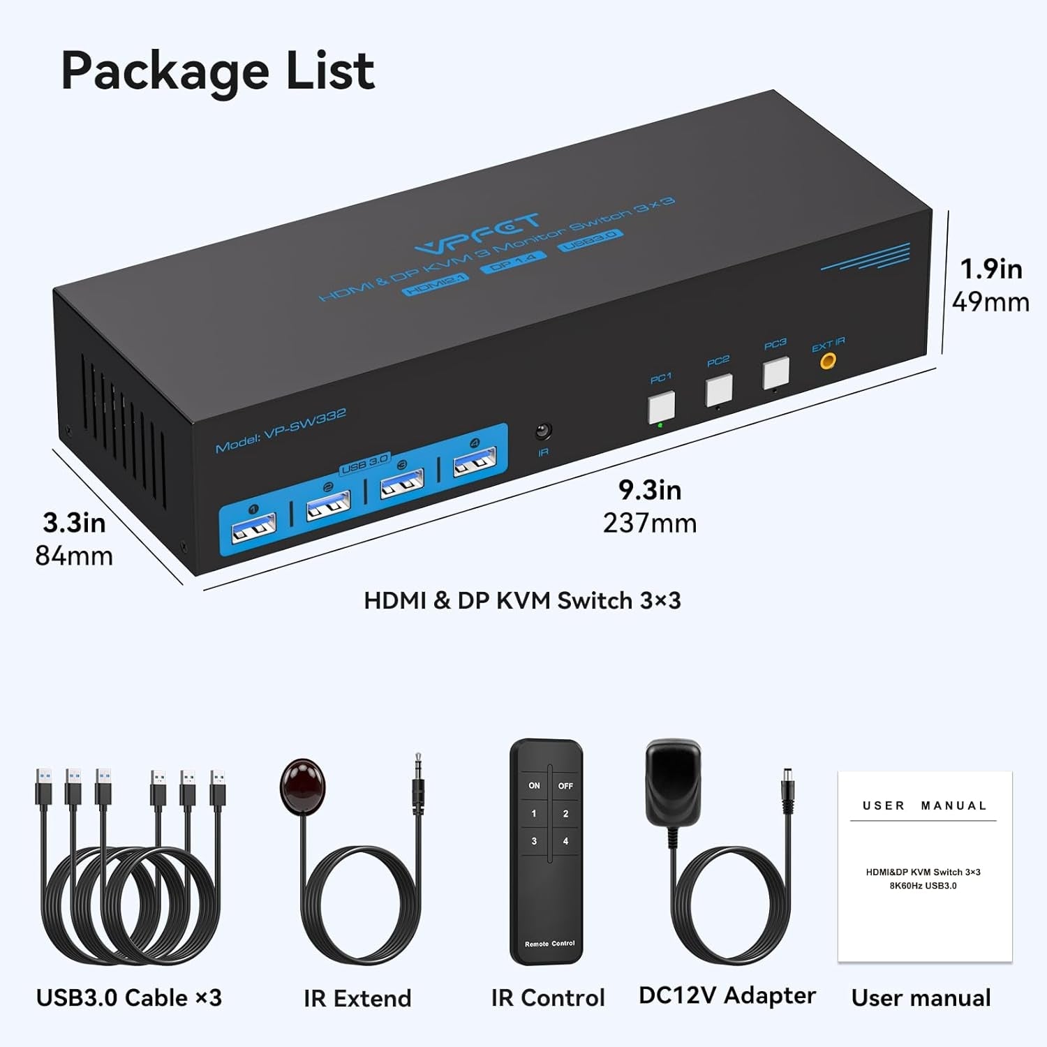 NÖRDIC KVM Switch 3 til 3, 4xUSB3.0 2xDP 1xHDMI 8K30Hz med trådløs kontrol