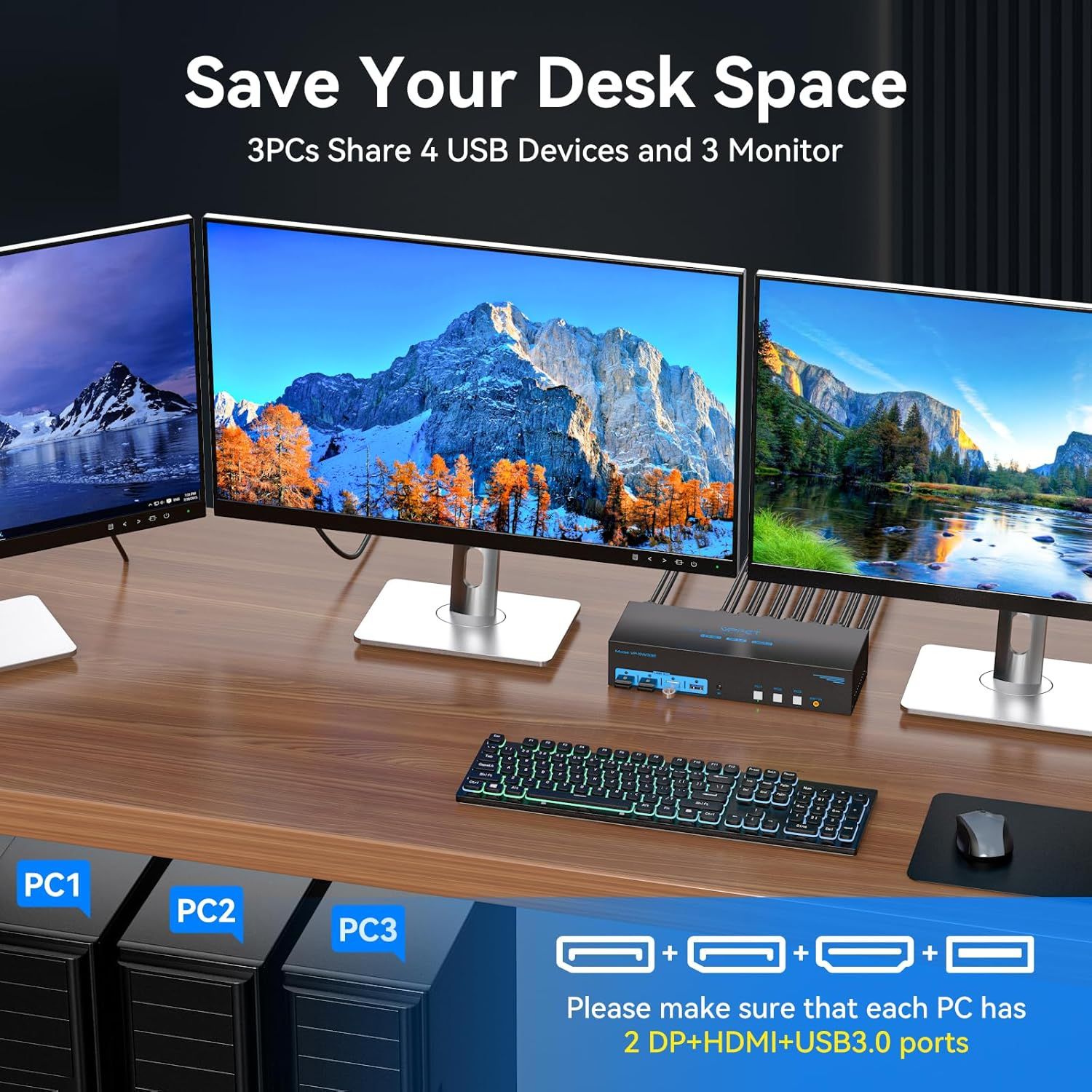 NÖRDIC KVM Switch 3 til 3, 4xUSB3.0 2xDP 1xHDMI 8K30Hz med trådløs kontrol