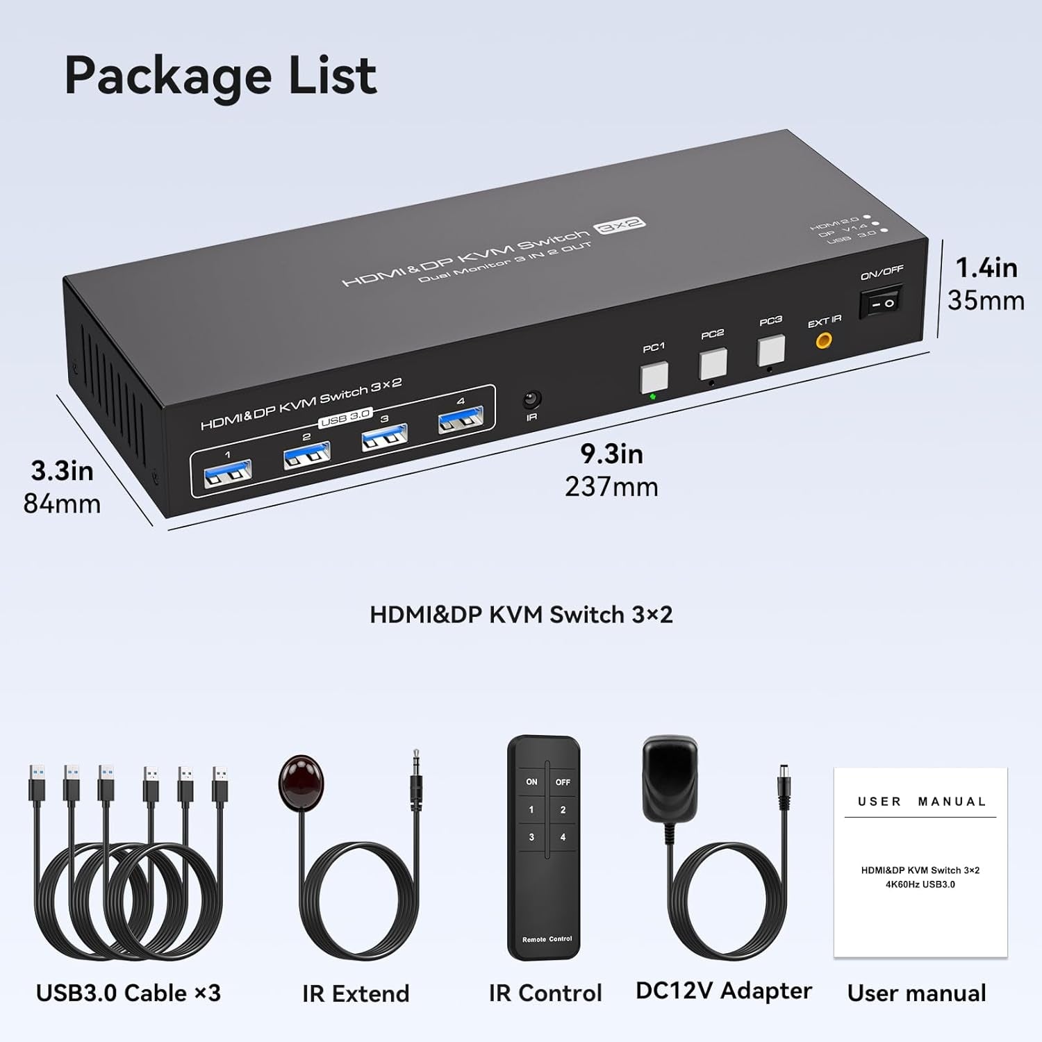 NÖRDIC KVM-switch 3 til 2 8K60Hz DP 1.4 HDMI 2.0 KVM USB 3.0
