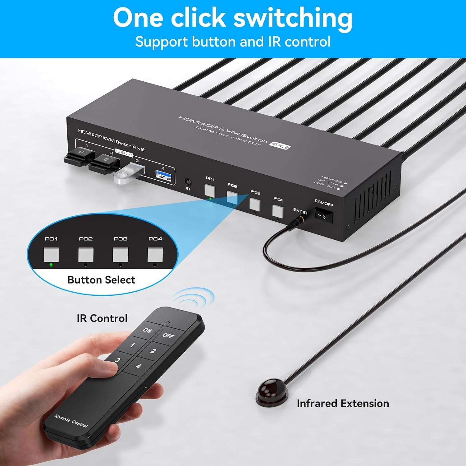NÖRDIC KVM-switch 4 til 2 DP + HDMI 4K60Hz USB3.0