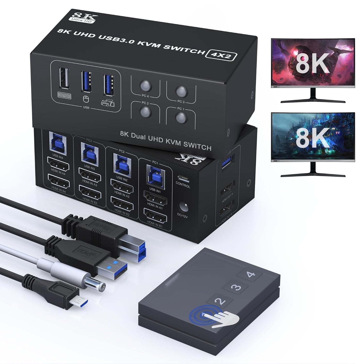 NÖRDIC KVM-Switch 4 til 2 HDMI 2.1 8K@60Hz 4K@120Hz 4xUSB-A