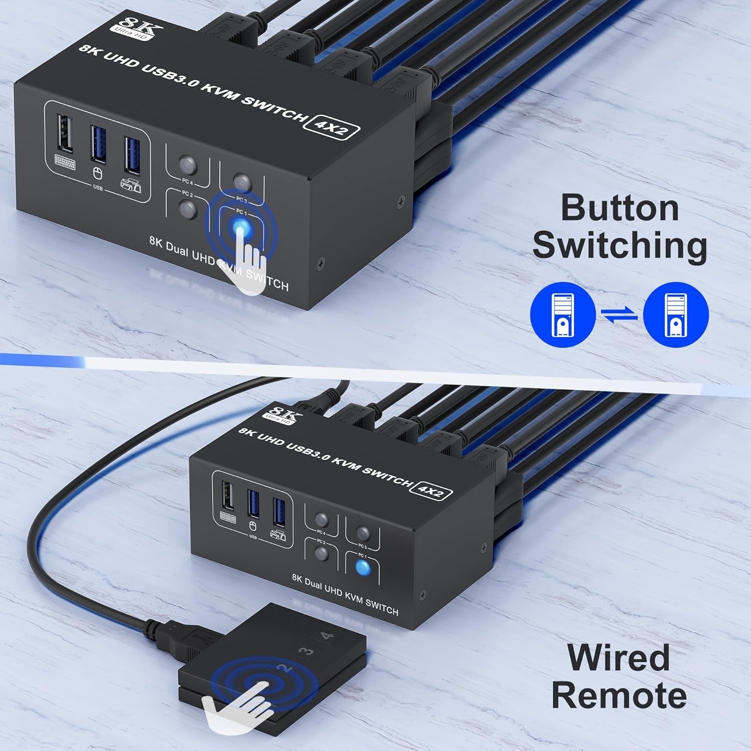 NÖRDIC KVM-Switch 4 til 2 HDMI 2.1 8K@60Hz 4K@120Hz 4xUSB-A