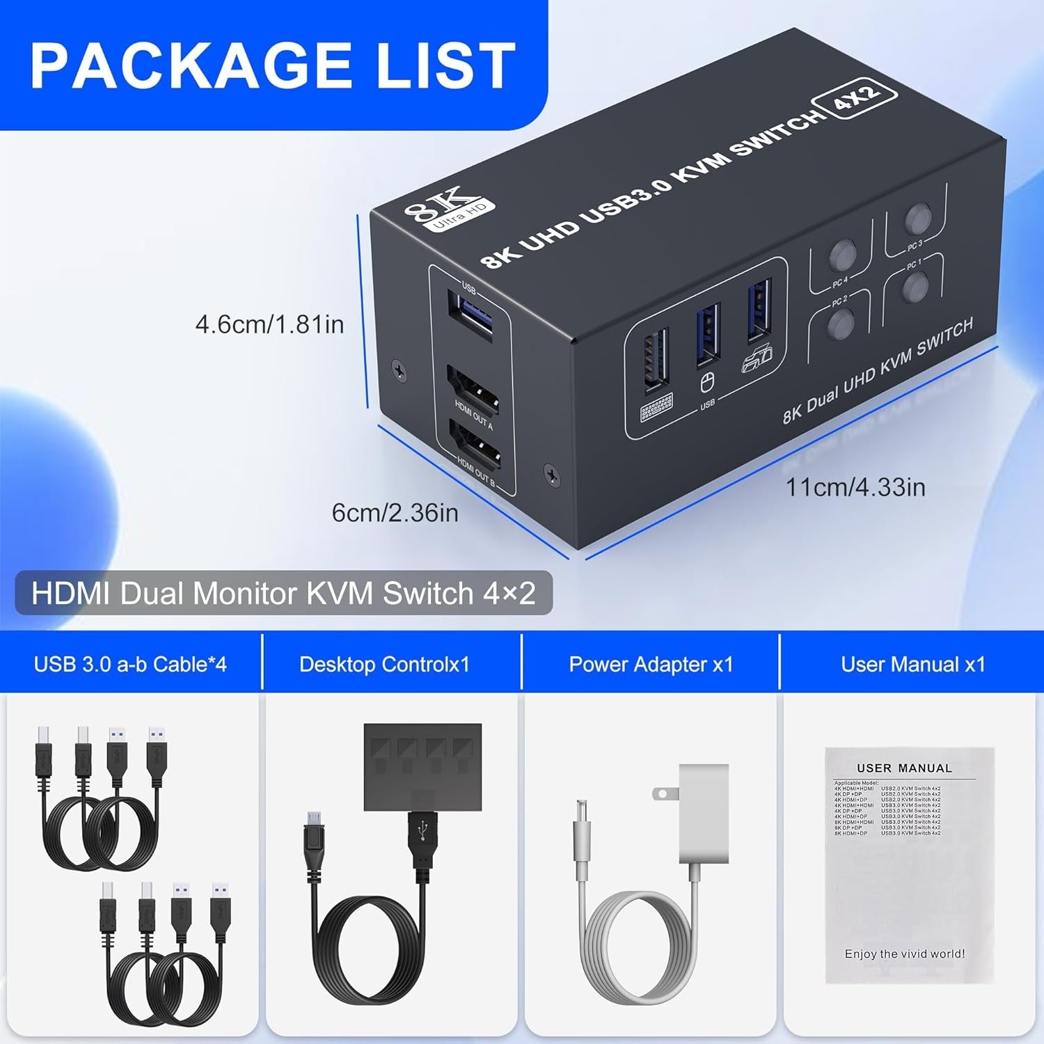 NÖRDIC KVM-Switch 4 til 2 HDMI 2.1 8K@60Hz 4K@120Hz 4xUSB-A