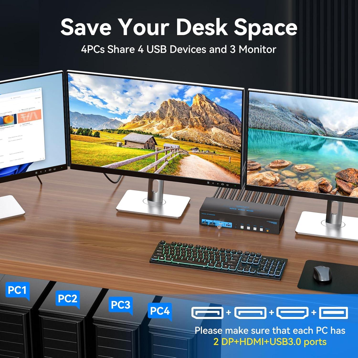 NÖRDIC KVM Switch 4 til 3, 4xUSB3.0 2xDP 1xHDMI 8K60Hz med trådløs kontrol
