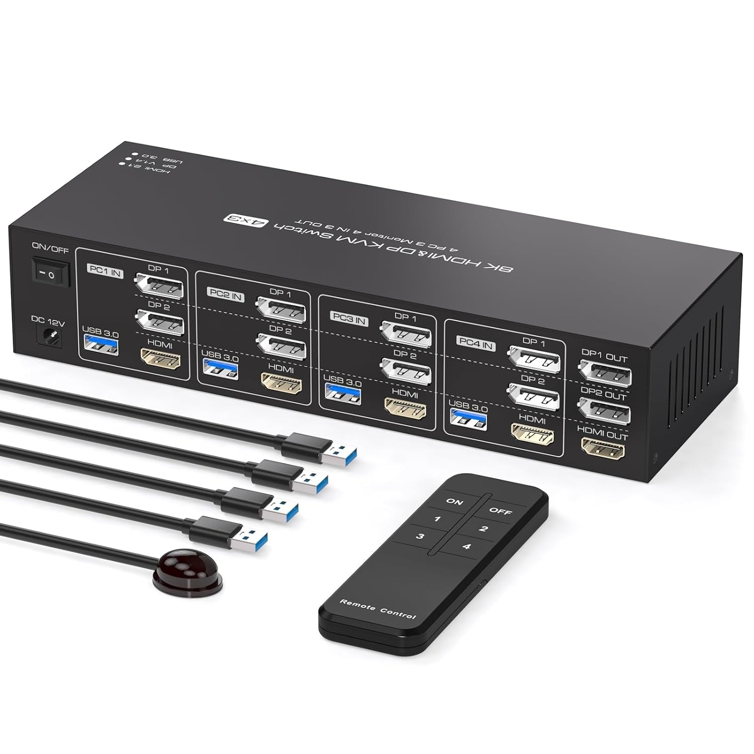 NÖRDIC KVM Switch 4 til 3, 4xUSB3.0 2xDP 1xHDMI 8K30Hz med trådløs kontrol