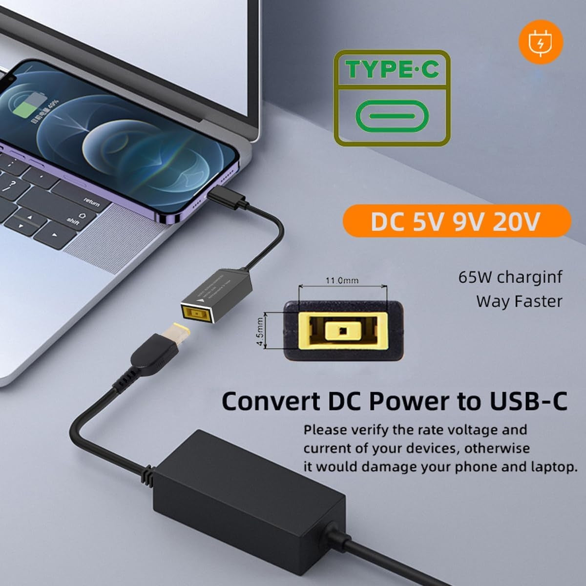 NÖRDIC Lenovo Square Yellow til USB-C adapter 17cm 65W