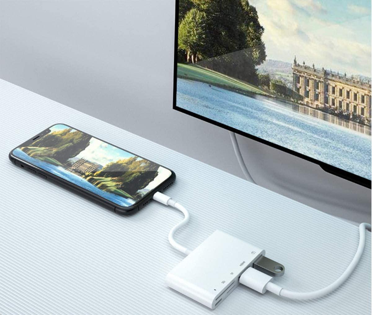 NÖRDIC Lightning adapter 1 til 5 porte 1xHDMI 1x 3,1 1x USB A Lightning til opladning 1xTF og 1xSD kortlæser