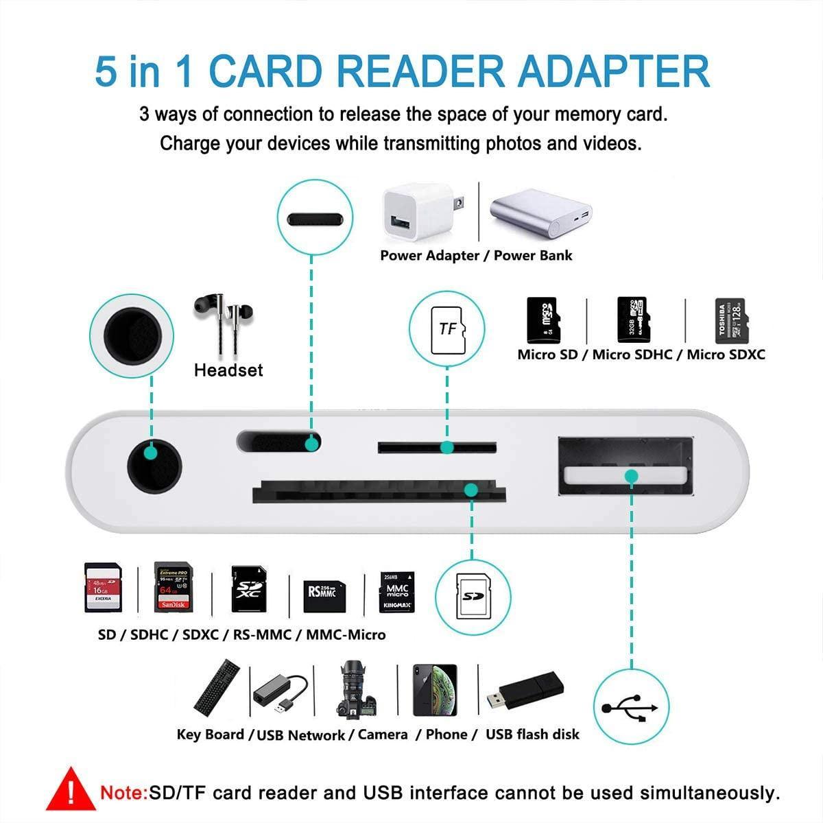 NÖRDIC Lightning adapter 1 til 5 porte 1xUSB A 3.1 Lightning port 1x 3,5 1x Audio 1xSD- og 1xTF kortlæser