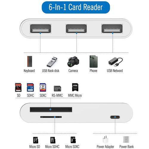 NÖRDIC Lightning adapter 1 til 6 porte 3xUSB A 3.1, 1xTF 1xSD kortlæser 1 x Lightning (Non MFI) opladningsport