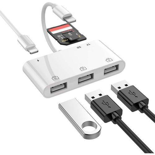 NÖRDIC Lightning adapter 1 til 6 porte 3xUSB A 3.1, 1xTF 1xSD kortlæser 1 x Lightning (Non MFI) opladningsport