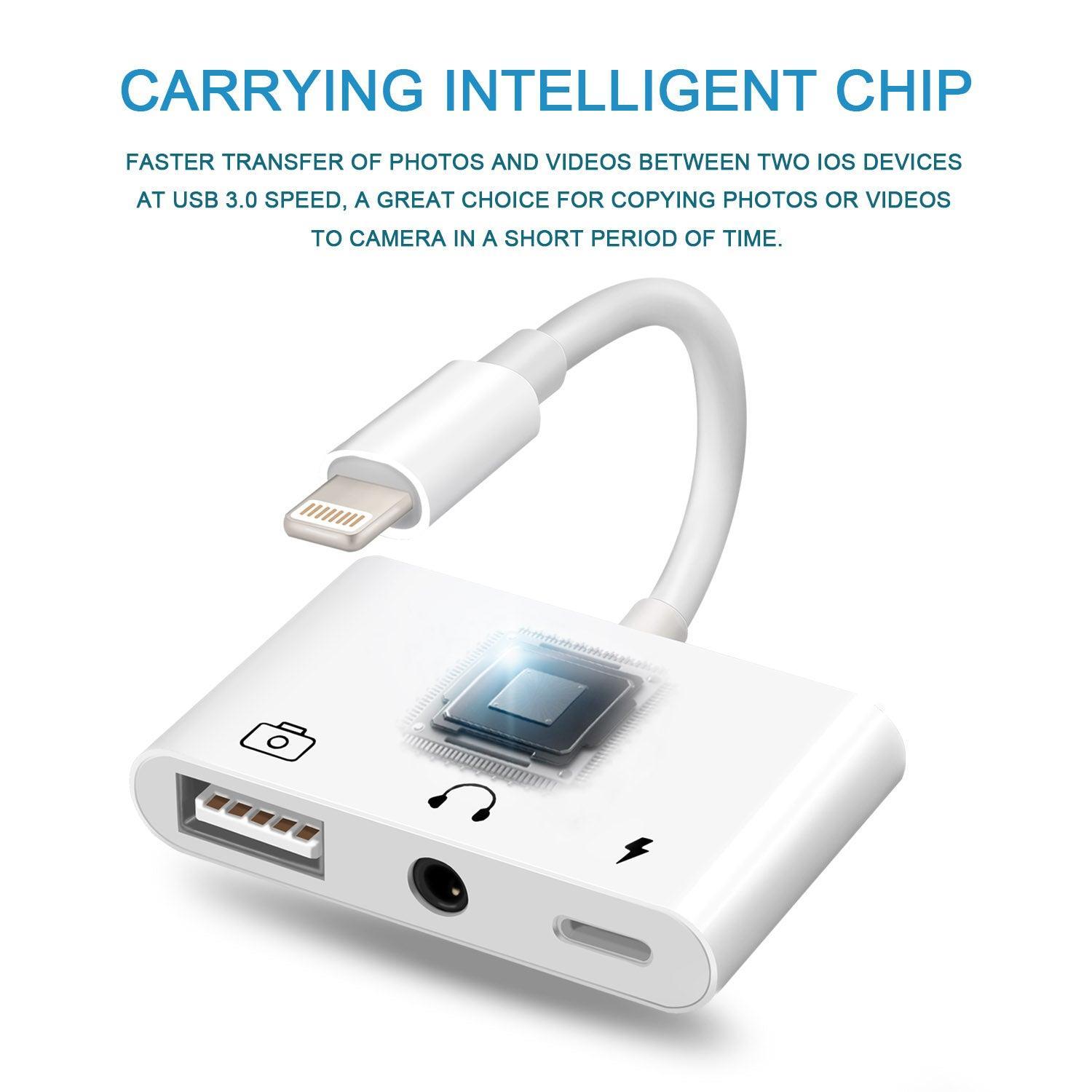 NÖRDIC Lightning adapter til 1xUSB En 1x3,5mm lyd og 1x Lightning White 10cm kabel