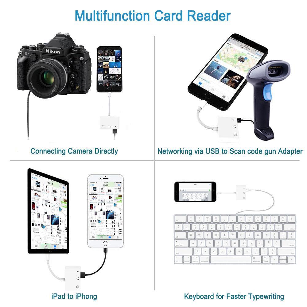 NÖRDIC Lightning adapter til 1xUSB En 1x3,5mm lyd og 1x Lightning White 10cm kabel