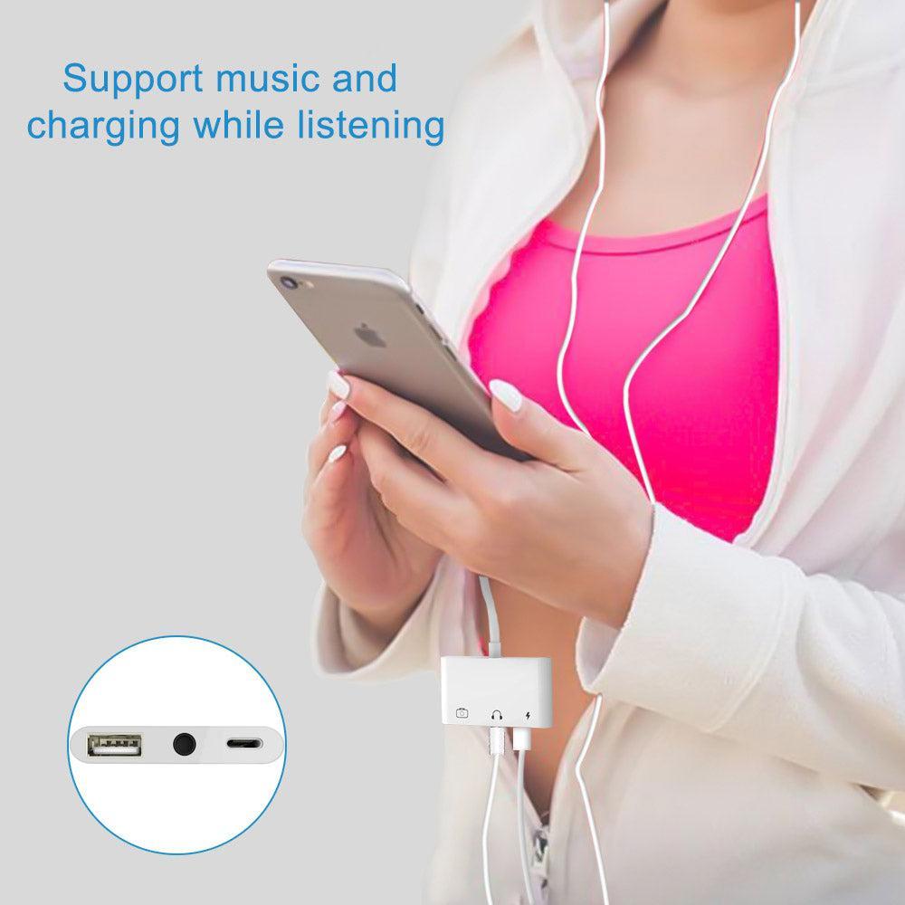 NÖRDIC Lightning adapter til 1xUSB En 1x3,5mm lyd og 1x Lightning White 10cm kabel